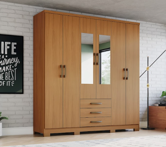 Roupeiro 06 Portas 03 Gavetas Cajú c/ Espelho - DA136-214 - Cinamomo - Móveis Henn