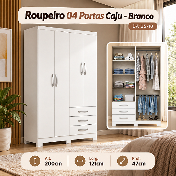Roupeiro 121cm 04 Portas 03 Gavetas Cajú - DA135-10 - Branco - Móveis Henn