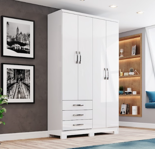 Roupeiro 04 Portas 03 Gavetas Cajú - DA135-10 - Branco - Móveis Henn