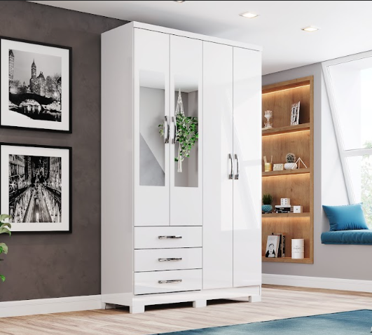 Roupeiro 04 Portas 03 Gavetas Cajú c/ Espelho - DA135-10 - Branco - Móveis Henn