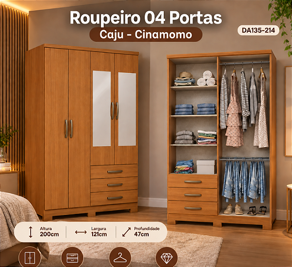 Roupeiro 121cm 04 Portas 03 Gavetas Cajú c/ Espelho - DA135-214 - Cinamomo - Móveis Henn