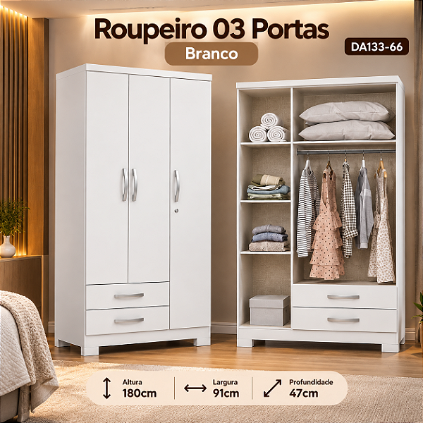 Roupeiro 91cm 03 Portas 02 Gavetas Açai - DA133-66 - Branco - Móveis Henn