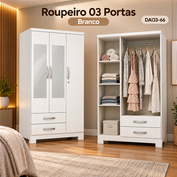 Roupeiro 91cm 03 Portas 02 Gavetas Açai c/ Espelho - DA133-66 - Branco - Móveis Henn