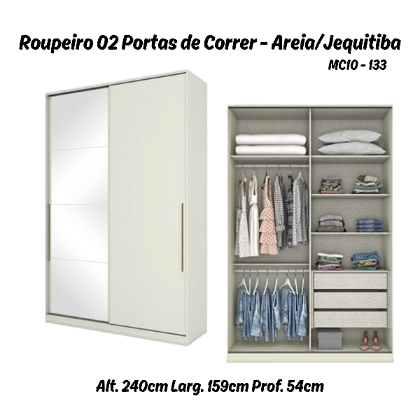 Roupeiro 02 Portas Deslizantes c/ 1 PT Espelho - MC10-133 - Areia - Linha Seletto - Móveis Henn