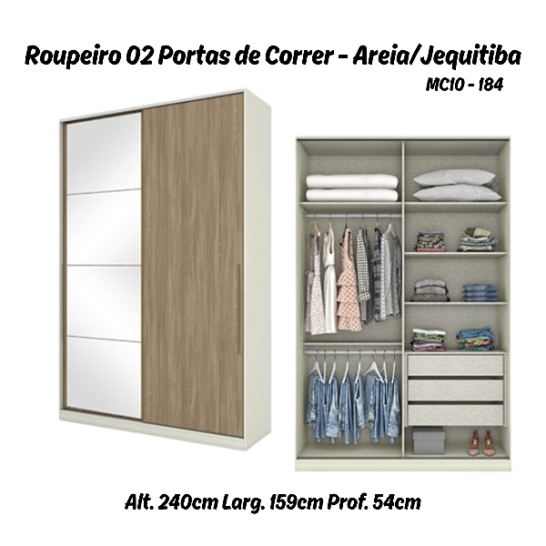 Roupeiro 02 Portas Deslizantes c/ 1 PT Espelho - MC10-184 - Areia / Jequitibá - Linha Seletto - Móveis Henn