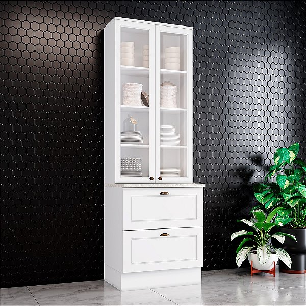 Cristaleira 02 portas 02 Gavetas - C357-05 - Branco / Calcare - Linha Americana - Móveis Henn