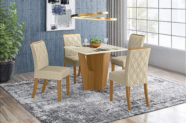 Conjunto de Mesa Vértice 90 + 04 Cadeiras Vita Linho - Móveis Henn