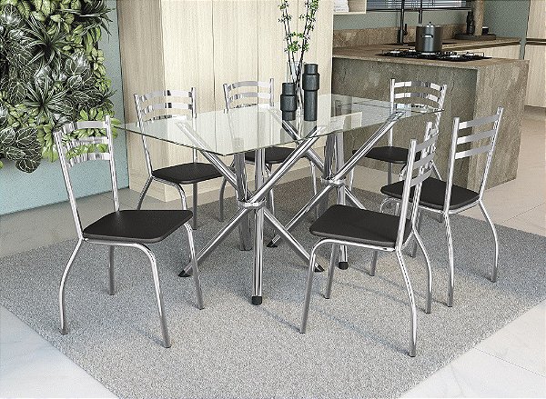 Conjunto de Mesa Volga 150 + 06 Cadeiras Portugal Cromado Cor Preto - Kappesberg Crome
