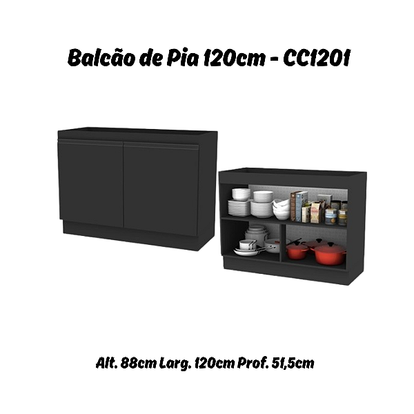 Balcão 02 Portas 120cm - Ref. CC1201 - Onix - Linha DA CASA - Móveis Primavera