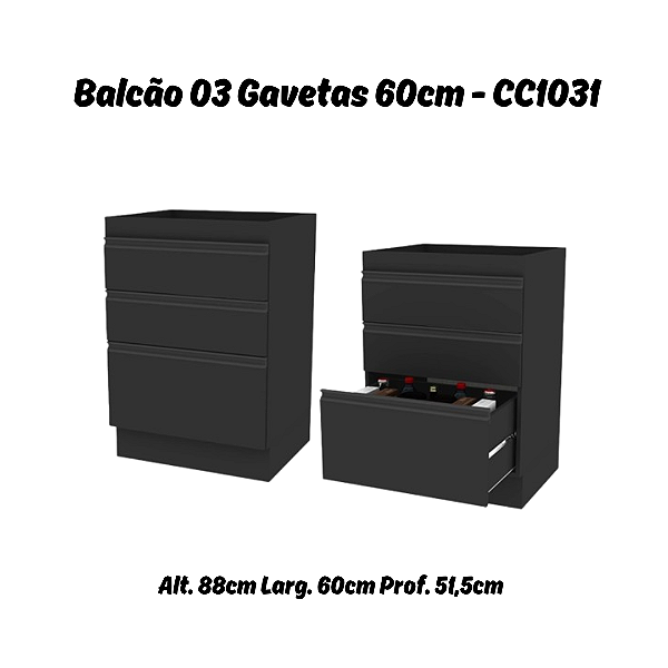 Balcão 03 Gavetas 60cm - Ref. CC1031 - Onix - Linha DA CASA - Móveis Primavera