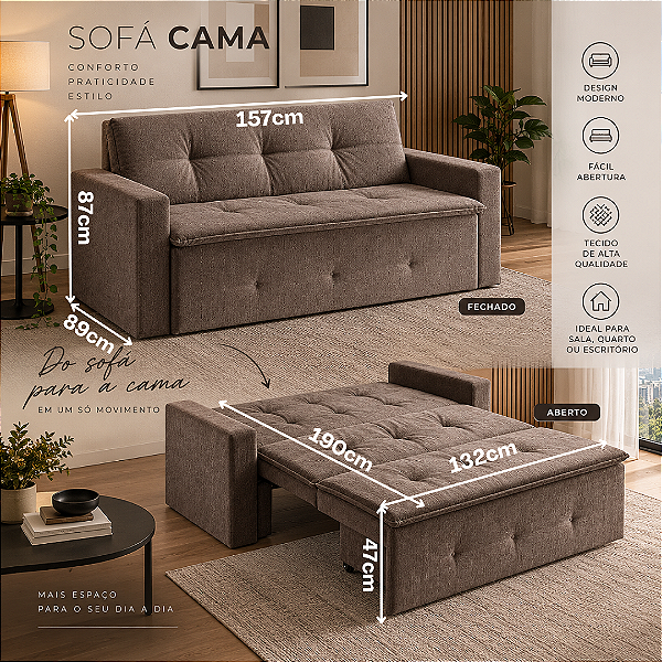 Sofá Cama City c/ Braços Casal - Estofados Rincão