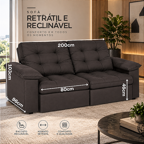 Sofá Retrátil e Reclinável Savana 200cm - Estofados Rincão