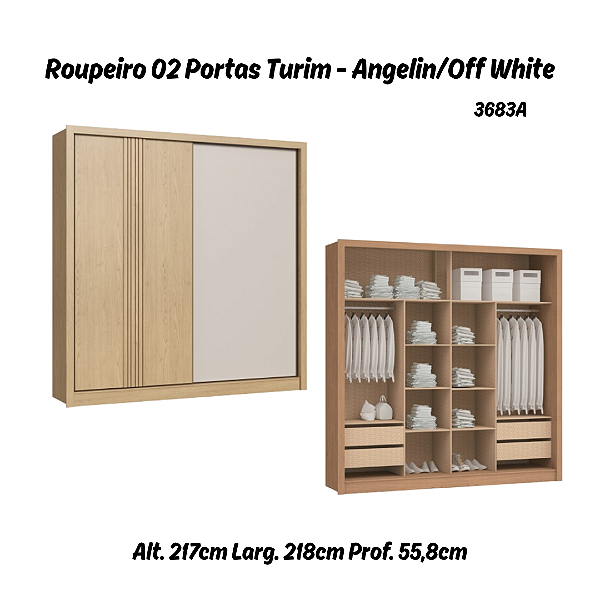 Roupeiro 02 Portas de Correr Turim - 3683A - Angelin / Off White - Móveis Castro