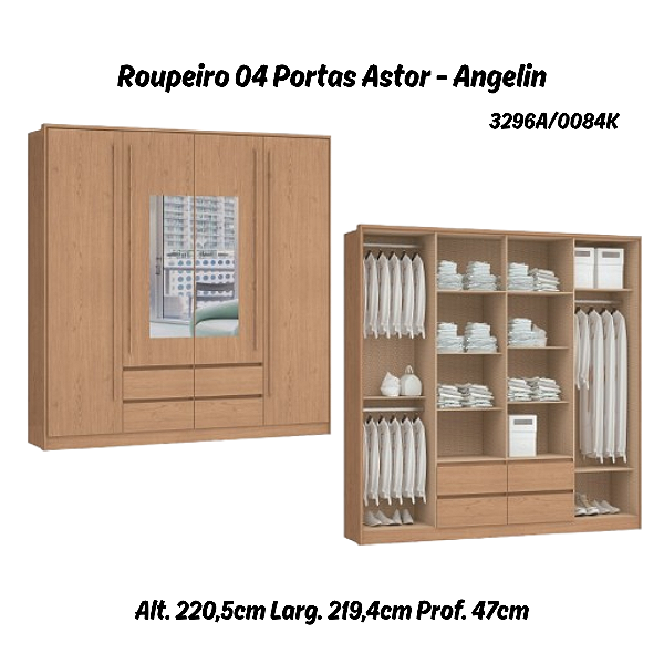 Roupeiro 04 Portas Astor c/ Espelho P - 3296A - Angelin - Móveis Castro