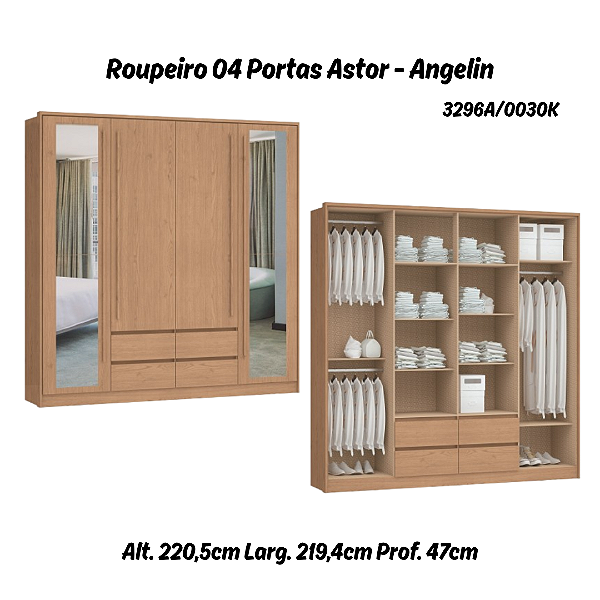 Roupeiro 04 Portas Astor c/ Espelho G - 3296A - Angelin - Móveis Castro
