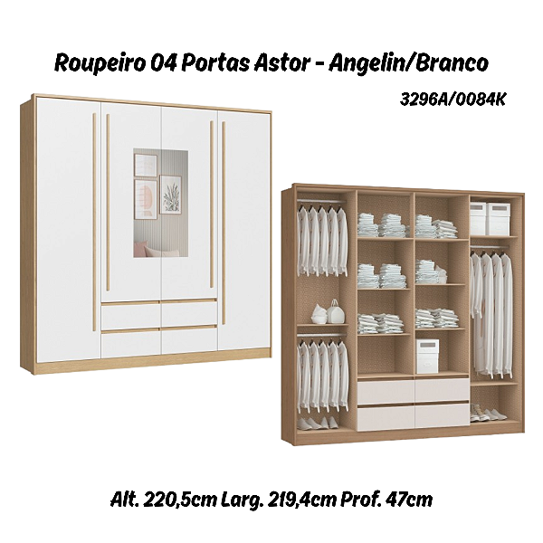 Roupeiro 04 Portas Astor c/ Espelho P - 3296A - Angelin / Branco - Móveis Castro