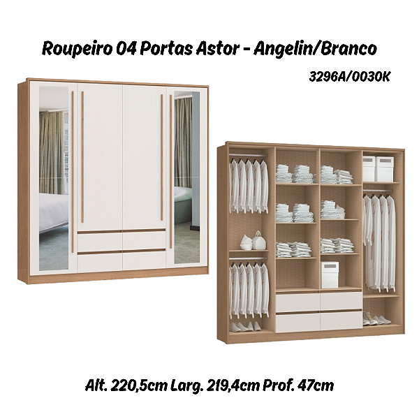 Roupeiro 04 Portas Astor c/ Espelho G - 3296A - Angelin / Branco - Móveis Castro