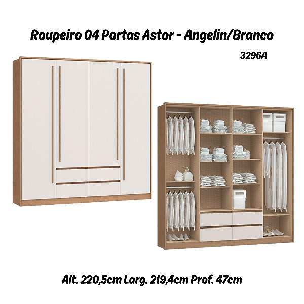 Roupeiro 04 Portas Astor - 3296A - Angelin / Branco - Móveis Castro