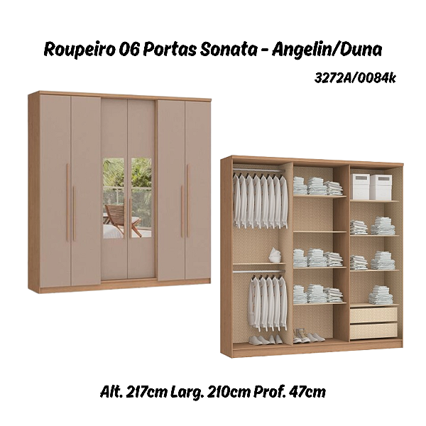 Roupeiro 06 Portas Sonata c/ Espelho P - 3272A - Angelin / Duna - Móveis Castro