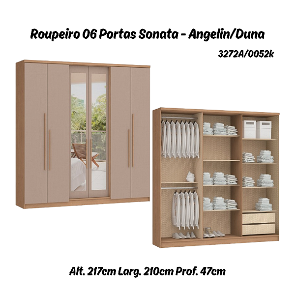 Roupeiro 06 Portas Sonata c/ Espelho G - 3272A - Angelin / Duna - Móveis Castro