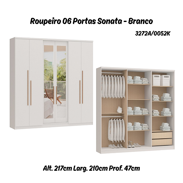 Roupeiro 06 Portas Sonata c/ Espelho G - 3272A - Branco - Móveis Castro