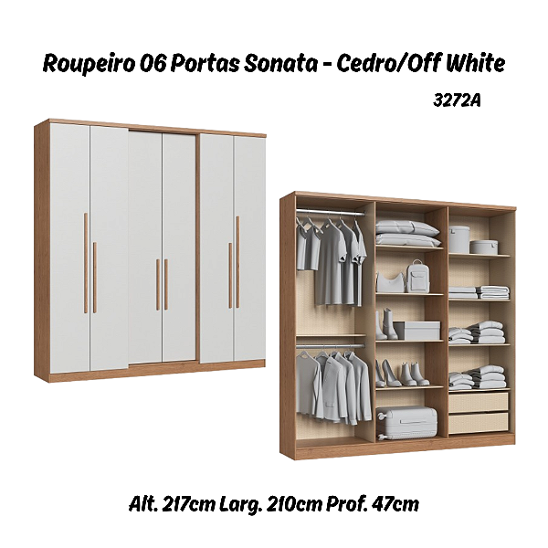 Roupeiro 06 Portas Sonata - 3272A - Cedro/Off White - Móveis Castro
