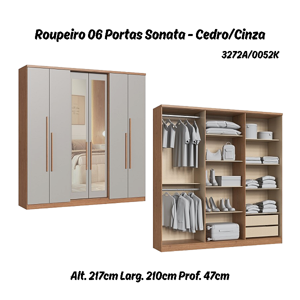 Roupeiro 06 Portas Sonata c/ Espelho G - 3272A - Cedro/Cinza - Móveis Castro