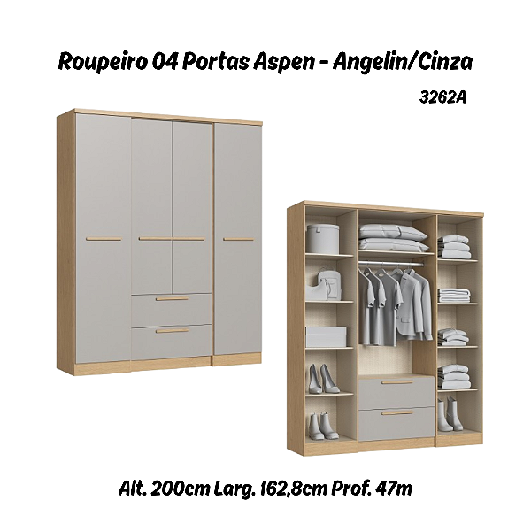 Roupeiro 04 Portas Aspen - 3262A - Angelin / Cinza - Móveis Castro
