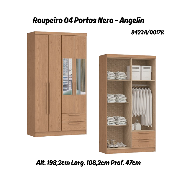 Roupeiro 04 Portas Nero c/ Espelho - 8423A - Angelin - Móveis Castro