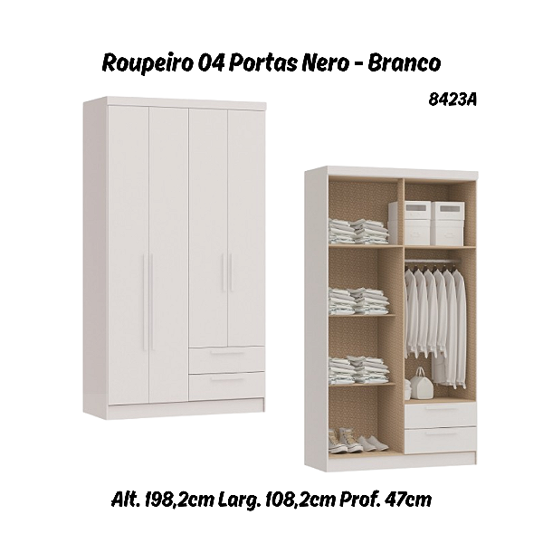 Roupeiro 04 Portas Nero - 8423A - Branco - Móveis Castro