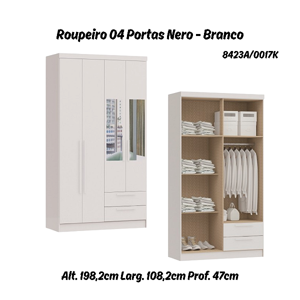 Roupeiro 04 Portas Nero c/ Espelho - 8423A - Branco - Móveis Castro