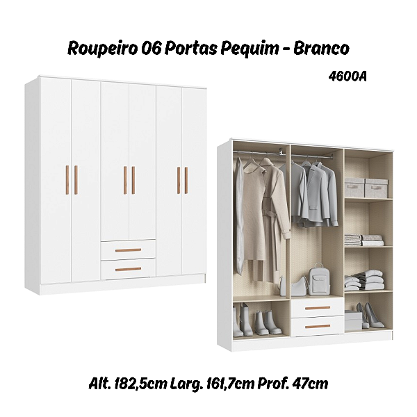 Roupeiro 06 Portas Pequim - 4600A - Branco - Móveis Castro