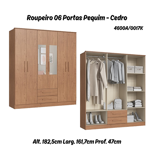 Roupeiro 06 Portas Pequim c/ Espelho - 4600A - Cedro - Móveis Castro