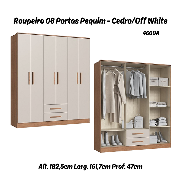 Roupeiro 06 Portas Pequim - 4600A - Cedro/Off White - Móveis Castro