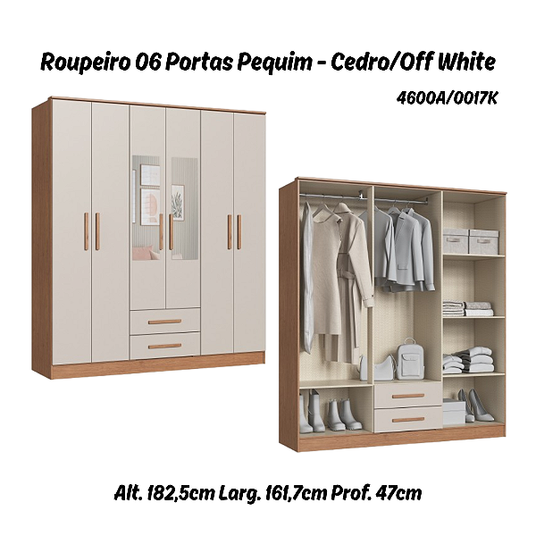 Roupeiro 06 Portas Pequim c/ Espelho - 4600A - Cedro/Off White - Móveis Castro