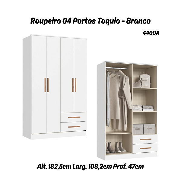 Roupeiro 04 Portas Toquio - 4400A - Branco - Móveis Castro
