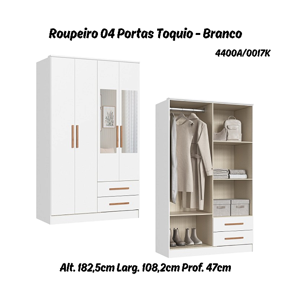 Roupeiro 04 Portas Toquio c/ Espelho - 4400A - Branco - Móveis Castro