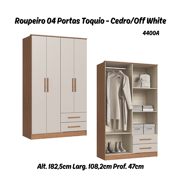 Roupeiro 04 Portas Toquio - 4400A - Cedro/Off White - Móveis Castro