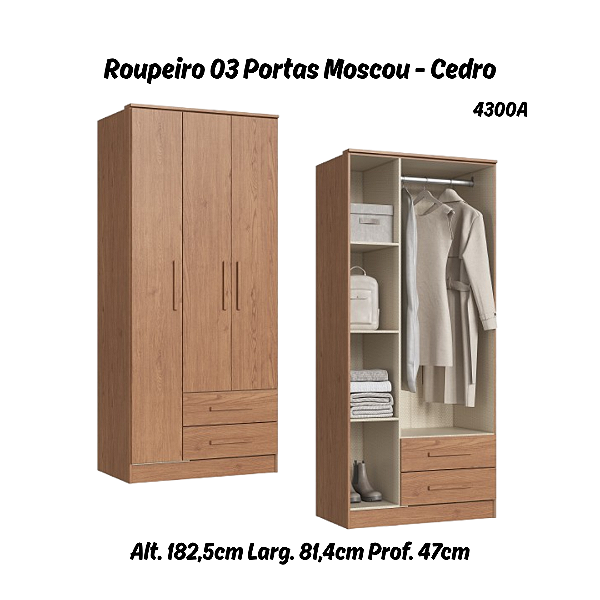 Roupeiro 03 Portas Moscou - 4300A - Cedro - Móveis Castro