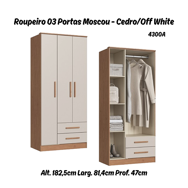Roupeiro 03 Portas Moscou - 4300A - Cedro/Off White - Móveis Castro