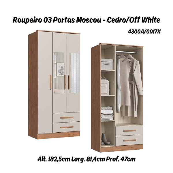 Roupeiro 03 Portas Moscou c/ Espelho - 4300A - Cedro/Off White - Móveis Castro