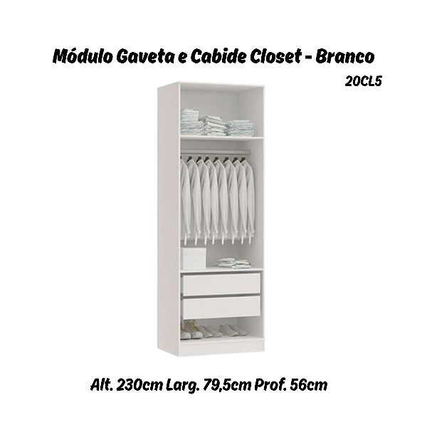 Módulo Gavetas + Cabideiro Linha Closet - 20CL5 - Branco - Móveis Castro