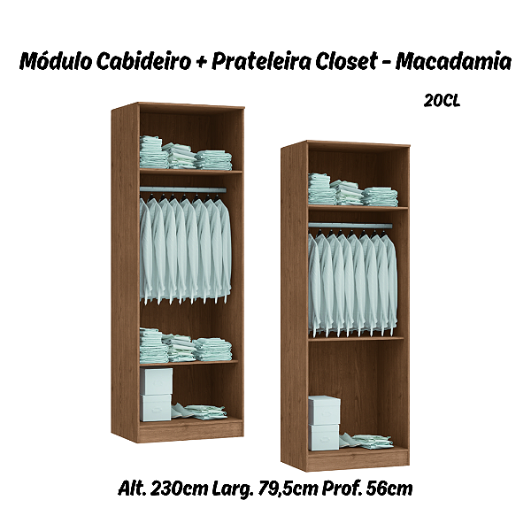 Módulo Cabideiro e Prateleiras Linha Closet - 20CL - Macadâmia - Móveis Castro