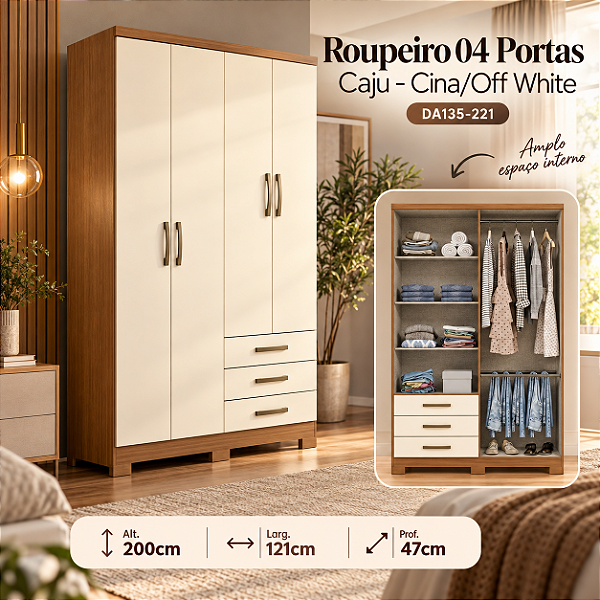 Roupeiro 121cm 04 Portas 03 Gavetas Caju - DA135-221 - Cinamomo/Off White - Móveis Henn