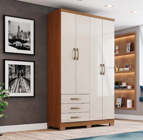 Roupeiro 04 Portas 03 Gavetas Caju - DA135-221 - Cinamomo/Off White - Móveis Henn