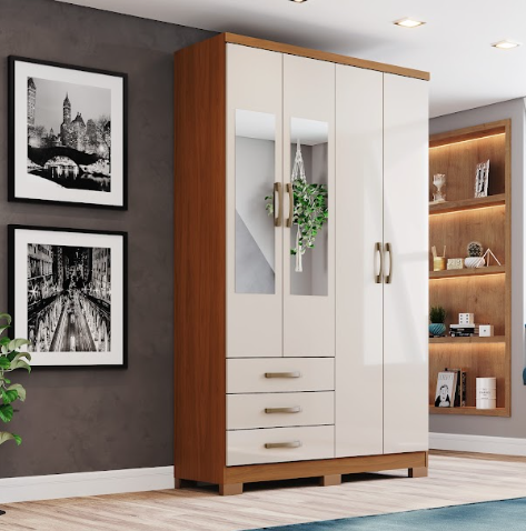 Roupeiro 04 Portas 03 Gavetas Caju c/ Espelho - DA135-221 - Cinamomo/Off White - Móveis Henn