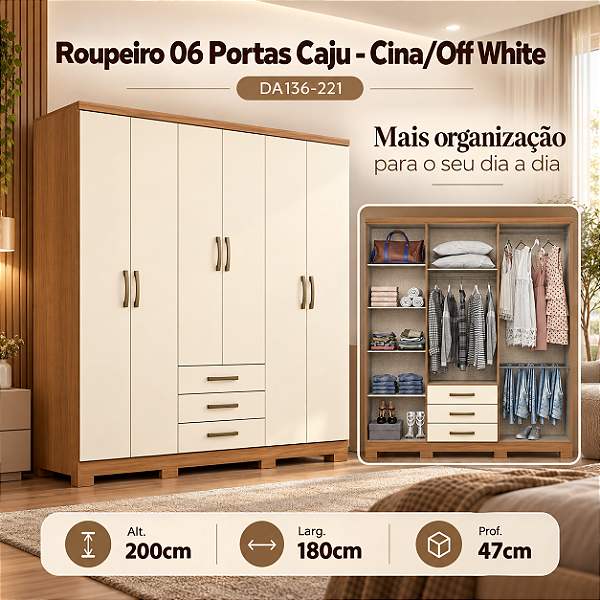 Roupeiro 180cm 06 Portas 03 Gavetas Cajú - DA136-221 - Cinamomo/Off White - Móveis Henn