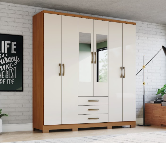 Roupeiro 06 Portas 03 Gavetas Cajú c/ Espelho - DA136-221 - Cinamomo/Off White - Móveis Henn