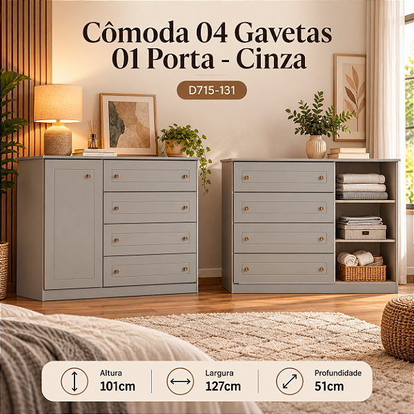 Cômoda Americana 04 Gavetas 01 Porta -D715-131 - Cinza - Móveis Henn