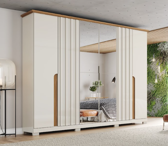 Roupeiro 06 Portas Napoli c/ Espelho - D308-129 - Off White / Nature - Móveis Henn